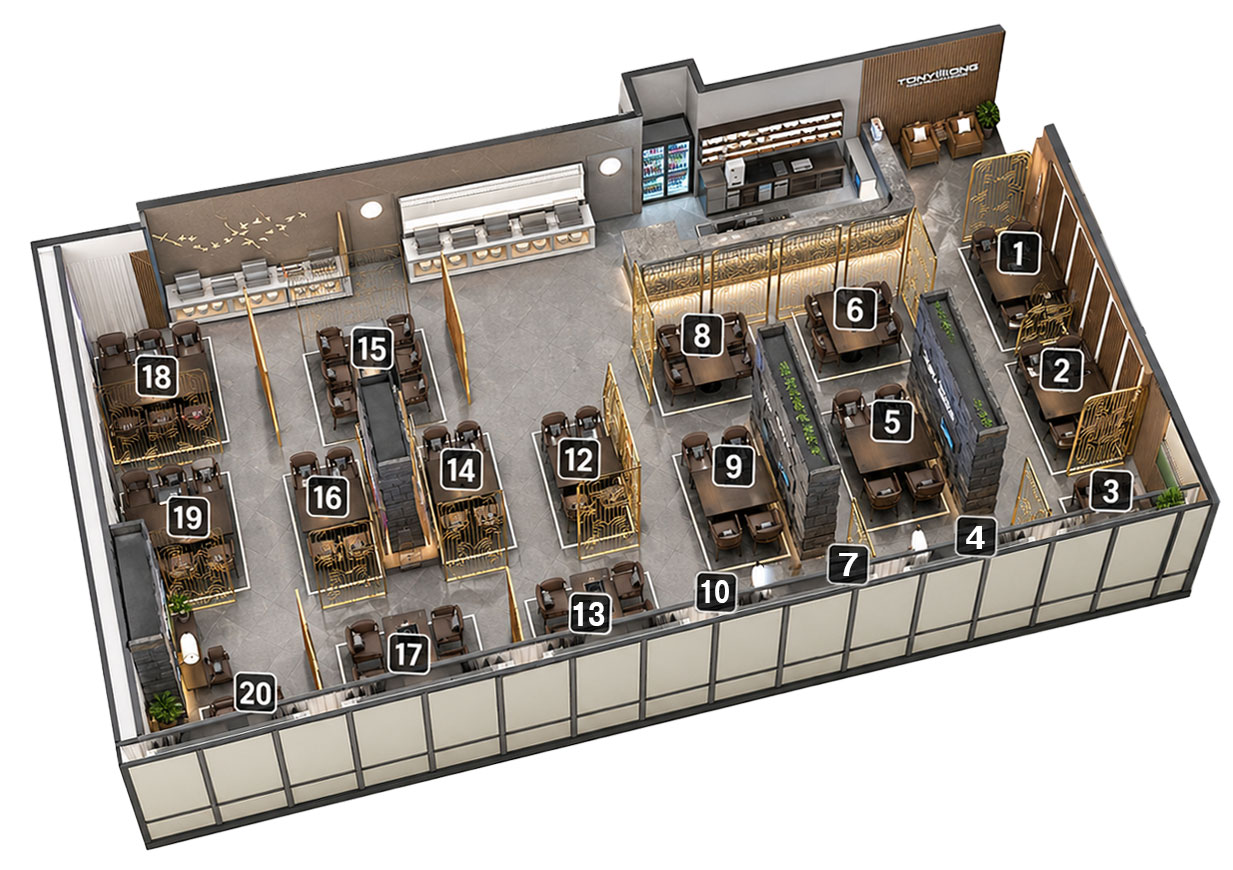 Tony Wong restaurant table map with table numbers